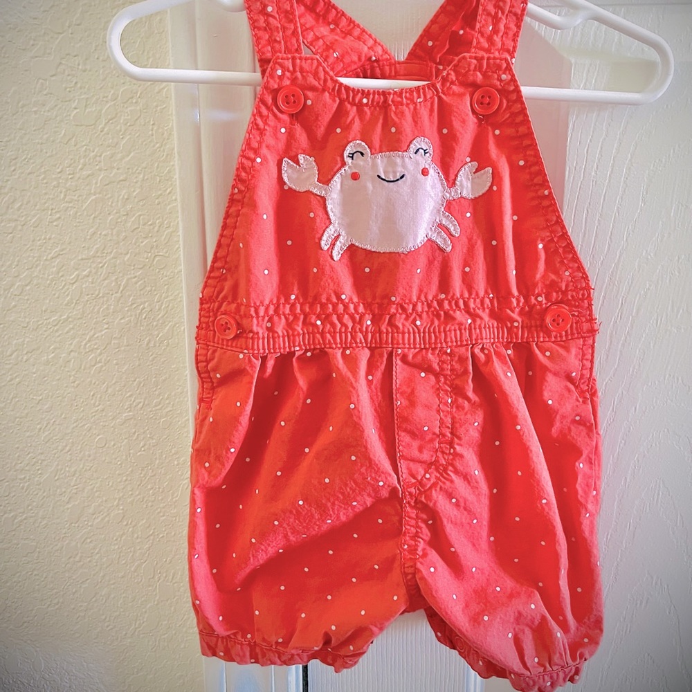 Salmon Pink-Orange Colored Overall Shorts with a Crab Motif